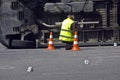 Overturned transport on accident site with traffic cones