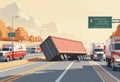 Overturned truck accident blocking interstate traffic, causing delays Royalty Free Stock Photo