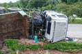Overturned truck on an highway in an accident. Royalty Free Stock Photo
