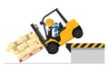 Overturning of forklift loading pallet of boxes. Stay inside the cabin. Safety in handling a fork lift truck. Security First. Work Royalty Free Stock Photo