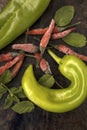 Overview of assorted chili peppers and peppermint Royalty Free Stock Photo