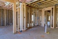 An overview beams trusses stick framing of a new construction house Royalty Free Stock Photo