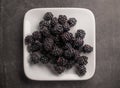 Overview of blackberries on a white black plate and black backdrop