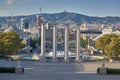 Overview of the city of Barcelona with the four towers and the fountain of Montjuich in the foreground to Tibidabo Mountain