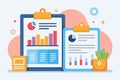 An overview of data analysis tools featuring charts and reports on clipboards with vibrant colors and a plant on display in a Royalty Free Stock Photo