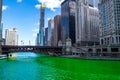 Overview of dyed green Chicago River on St. Patrick`s day