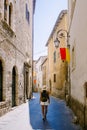 Overview of Fiuggi in Italy, Scenic sight in Fiuggi, province of Frosinone, Lazio, central Italy. Europe, woman walking