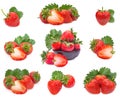 Overview Fresh and cut strawberry set and slices with separate leaves Royalty Free Stock Photo