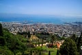 Overview of Haifa coast along Mediterranean Sea, where naval port and Bahai Gardens reside Royalty Free Stock Photo