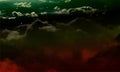 Overview of heavy dark red and green color cloud and sun light effect.