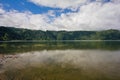 Overview lake, blue sky, clouds, trees Jose do Canto Forest Garden, Furnas, Sao Miguel, Azores Portugal