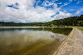 Overview lake, blue sky, clouds, trees Jose do Canto Forest Garden, Furnas, Sao Miguel, Azores Portugal