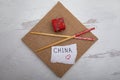 Overview travel industry background chopsticks oriental gift boxwhite piece of paper with the word China hand written on sign Royalty Free Stock Photo