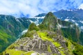 Overview of Machu Picchu, agriculture terraces and Wayna Picchu peak in the background Royalty Free Stock Photo