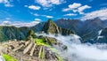 Overview of Machu Picchu, agriculture terraces and Wayna Picchu peak in the background Royalty Free Stock Photo
