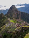 Overview of Machu Picchu with clouds, Peru