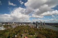 Overview over the city of Rotterdam in the Netherlands with its harbors and bridges over the river Oude Maas.