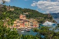 Overview of Portofino seaside area with traditional colourful houses Royalty Free Stock Photo