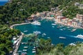 Overview of Portofino seaside area with traditional colourful houses