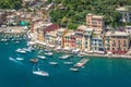 Overview of Portofino seaside area with traditional houses and harbour overview