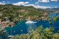 Overview of Portofino seaside area with traditional houses and harbour overview