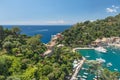 Overview of Portofino seaside area with partial view of harbour