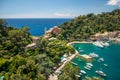 Overview of Portofino seaside area with traditional houses and harbour overview