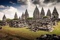 Overview of the Prambanan hindu temple. Tall temple towers and ancient ruins. World heritage site. Java, Indonesia
