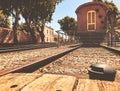 Overview of the rails and a wagon, in the old train station in Tel Aviv, Israel Royalty Free Stock Photo