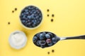 Overview of blueberries on a spoon. Royalty Free Stock Photo