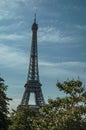 Overview of stunning Eiffel Tower and leafy treetops under sunny blue sky in Paris. Royalty Free Stock Photo