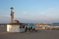 Overview of a tourist area where there is a beach bar on a typical summer beach