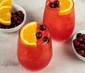 Overview of two mixed drink with oranges and cranberries