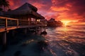 Overwater bungalows in tropical ocean