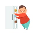 Overweight boy opening fridge with junk food, cute chubby child cartoon character vector Illustration on a white