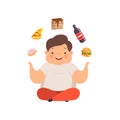 Overweight boy sitting on the floor and juggling fast food dishes, cute chubby child cartoon character vector