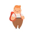 Overweight boy standing with backpack, cute chubby child cartoon character vector Illustration on a white background