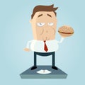 Overweight cartoon man with hamburger