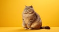 Overweight cat looking to side on yellow background, studio shot, copy space