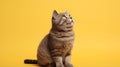 Overweight cat looking to side on yellow background, studio shot, copy space