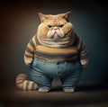 Overweight cat wearing clothes on a colored background. Generative AI