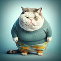 Overweight cat wearing clothes on a colored background. Generative AI