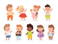 Overweight children. Fat kids eating different junk food oversize people in casual clothes vector different characters