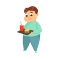 Overweight Chubby Boy Eating Fast Food, Cheerful Fat Unhealthy Kid Character Cartoon Style Vector Illustration