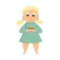 Overweight Chubby Girl Eating Burger, Cheerful Plump Unhealthy Kid Character with Fast Food Meal Cartoon Style Vector