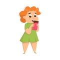 Overweight Chubby Girl Eating Chocolate Bar, Cheerful Fat Unhealthy Kid Character Cartoon Style Vector Illustration