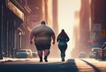 An overweight couple running down the street