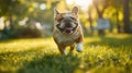 An overweight dog starting its fitness journey with a gentle walk in a lush green park, with motivational signs for