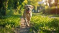 An overweight dog starting its fitness journey with a gentle walk in a lush green park, with motivational signs for