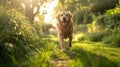 An overweight dog starting its fitness journey with a gentle walk in a lush green park, with motivational signs for